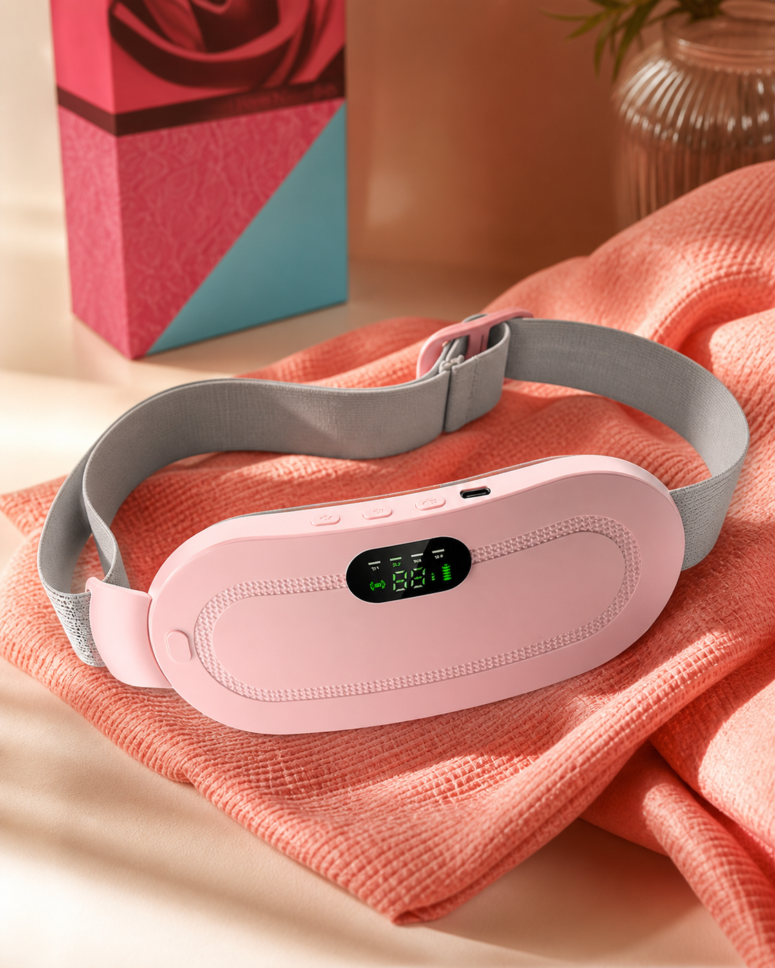 Blush pink Flare heat belt with gray elastic strap and green digital display